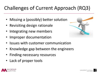 Challenges of Current Approach (RQ3)
• Missing a (possibly) better solution
• Revisiting design rationale
• Integrating new members
• Improper documentation
• Issues with customer communication
• Knowledge gap between the engineers
• Finding necessary resources
• Lack of proper tools
 