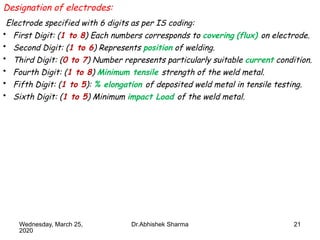 21
Designation of electrodes:
Electrode specified with 6 digits as per IS coding:
• First Digit: (1 to 8) Each numbers corresponds to covering (flux) on electrode.
• Second Digit: (1 to 6) Represents position of welding.
• Third Digit: (0 to 7) Number represents particularly suitable current condition.
• Fourth Digit: (1 to 8) Minimum tensile strength of the weld metal.
• Fifth Digit: (1 to 5): % elongation of deposited weld metal in tensile testing.
• Sixth Digit: (1 to 5) Minimum impact Load of the weld metal.
Wednesday, March 25,
2020
Dr.Abhishek Sharma
 