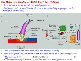 24
Gas Metal Are Welding or Metal Inert Gas Welding:
• Semi automatic or automatic arc welding process.
• Continuous and consumable wire electrode and a shielding Argon gas are fed
through a welding gun.
• Used in automatic industry, tank, ship and aircraft building.
• Semi inert gases like CO2 or Ar + He also used now a days to reduce process
cost.
• A fixed relationship b/w rate of wire burn off and welding current exist.
Wednesday, March 25,
2020
Dr.Abhishek Sharma
 
