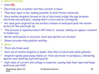26
2. Short Circuiting:
• Uses CO2.
• Electrode wire is smaller and thus current is lower.
• Thus heat input is low, making possible to weld thinner materials.
• Here molten droplets formed on tip of electrode bridge the gap between
electrode and weld pool, causing short circuit and arc extinguish.
• Arc soon gets reignited as the surface tension of weld pool pulls the molten
metal off the electrode tip.
• This process is repeated about 100 times in second, making arc appear constant
to human eye.
• Better weld quality is received, since less spatter are formed.
• Slower process than globular welding.
3. Spray:
• Thick electrode used.
• Here dia of molten droplets is lesser than that of electrode unlike globular.
• droplets rapidly pass along stable arc from electrode to workpiece, eliminating
spatter and resulting high weld quality.
• High value of current and voltage is required, causing high heat input and large
weld area and HAZ.
Wednesday, March 25,
2020
Dr.Abhishek Sharma
 