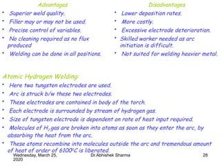 28
Advantages
• Superior weld quality.
• Filler may or may not be used.
• Precise control of variables.
• No cleaning required as no flux
produced
• Welding can be done in all positions.
Disadvantages
• Lower deposition rates.
• More costly.
• Excessive electrode deterioration.
• Skilled worker needed as arc
initiation is difficult.
• Not suited for welding heavier metal.
Atomic Hydrogen Welding:
• Here two tungsten electrodes are used.
• Arc is struck b/w these two electrodes.
• These electrodes are contained in body of the torch.
• Each electrode is surrounded by stream of hydrogen gas.
• Size of tungsten electrode is dependent on rate of heat input required.
• Molecules of H2 gas are broken into atoms as soon as they enter the arc, by
absorbing the heat from the arc.
• These atoms recombine into molecules outside the arc and tremendous amount
of heat of order of 61000
C is liberated.
Wednesday, March 25,
2020
Dr.Abhishek Sharma
 