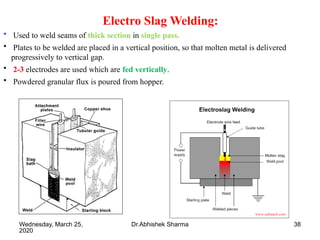 38
Electro Slag Welding:
• Used to weld seams of thick section in single pass.
• Plates to be welded are placed in a vertical position, so that molten metal is delivered
progressively to vertical gap.
• 2-3 electrodes are used which are fed vertically.
• Powdered granular flux is poured from hopper.
Wednesday, March 25,
2020
Dr.Abhishek Sharma
 