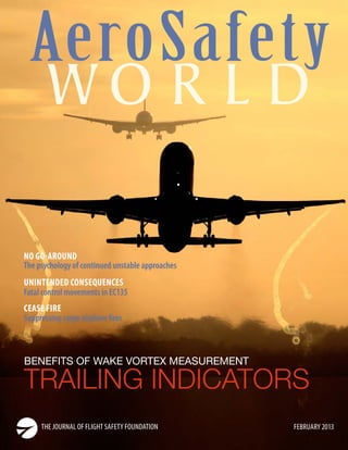 AeroSafety
WO R L D

NO GO-AROUND
The psychology of continued unstable approaches
UNINTENDED CONSEQUENCES
Fatal control movements in EC135
CEASE FIRE
Suppressing cargo airplane fires

BENEFITS OF WAKE VORTEX MEASUREMENT

TRAILING INDICATORS
THE JOURNAL OF FLIGHT SAFETY FOUNDATION

FEBRUARY 2013

 