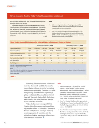 COVERSTORY

Airbus Measures Relative Wake Vortex Characteristics (continued)
A340-600 also showed that “you can have something quite
strong in terms of g,” he said.
Lelaie also pointed to ongoing work by a Eurocontrol–
Delft University of Technology study, looking at the correlation between actual wake vortex encounters and mapped
hot spots, areas where encounters were predicted based on
European air traffic data, as a promising path to further risk
reduction.
— WR

Notes
Lidar means light detection and ranging, and pulsed lidar
combines laser and radar sensor technology to visualize and
measure wake vortex characteristics.

1.	

2. 	 One such resource that discusses wake turbulence is the
Airplane Upset Recovery Training Aid, Revision 2 (November
2008) available at flightsafety.org/archives-and-resources/
airplane-upset-recovery-training-aid.

Wake Vortex-Induced Main Upsets for Selected Cases in Encounters Tested by Airbus
Vertical Separation 1,000 ft
Generator airplane

A380

A340-600

B747-400

Vertical Separation 1,000 ft

B747-400

A380

A380

B747-400

A380

A340-600

A340-600

Follower airplane

A318

A318

A318

A318

A318

A318

Horizontal separation (nm)

12.2

12.3

5.32

14.9

13.5

18.1

15.8

19.3

Vertical separation (ft)

838

608

432

832

851

1,015

1,038

1,168

49

75

69

146

24

68

109

12

Roll rate (deg/s)

24

35

18

36

5

20

31

7

Bank (degrees)

46

38

35

31

10

29

34

10

Roll acceleration

(deg/s2)

deg/sec2 = degrees per second per second
deg/sec = degrees per second
Note:
The A318, A340-600 and A380 are Airbus aircraft types; the 747-400 is a Boeing aircraft type. Airbus also reported the lateral and vertical accelerations
of the follower aircraft; these are not shown.
Source: Claude Lelaie

Table 1

Rethinking wake turbulence risk has involved
more than the research capability. For example,
meteorological and short-term wind nowcasting
have improved significantly. “One thing FAA is has
been pursuing, and we have been supporting, is
getting wind [data] off the aircraft [in real time],”
Lang said. “Currently, that’s probably the best sensor in existence [but so far] the system does not
receive wind off of the aircraft.”
Volpe also has been working with FAA’s
Aviation Safety Information Analysis and Sharing program and the FAA-industry Commercial
Aviation Safety Team in seeking to eventually
acquire aggregated, de-identified data that
might better link the scientists to airline experiences with wake encounters. 
16 |

Notes
1.	 Tittsworth, Jeffrey A.; Lang, Steven R.; Johnson,
Edward J.; Barnes, Stephen. “Federal Aviation
Administration Wake Turbulence Program — Recent
Highlights.” Paper presented to Air Traffic Control
Association Annual Conference and Exhibition,
Oct. 1–3, 2012. ntl.bts.gov/lib/45000/45900/45912/
Lang__Wake_Turbulence_Program.pdf
2.	 FAA. “1.5-Nautical Mile Dependent Approaches to
Parallel Runways Spaced Less Than 2,500 Feet Apart.”
Air Traffic Organization Policy JO 7110.308 CHG 3,
effective Oct. 30, 2012.
3.	 FAA. “Guidance for the Implementation of Wake
Turbulence Recategorization Separation Standards
at Memphis International Airport.” Air Traffic
Organization Policy N JO 7110.608, effective Nov.
1, 2012.
FLIGHT SAFETY FOUNDATION | AEROSAFETYWORLD | FEBRUARY 2013

 