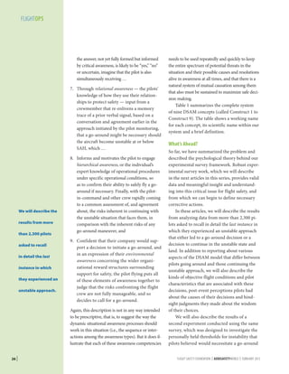 FLIGHTOPS

the answer, not yet fully formed but informed
by critical awareness, is likely to be “yes,” “no”
or uncertain, imagine that the pilot is also
simultaneously receiving …
7.	Through relational awareness — the pilots’
knowledge of how they use their relationships to protect safety — input from a
crewmember that re-enlivens a memory
trace of a prior verbal signal, based on a
conversation and agreement earlier in the
approach initiated by the pilot monitoring,
that a go-around might be necessary should
the aircraft become unstable at or below
SAH, which …

We will describe the
results from more
than 2,300 pilots
asked to recall
in detail the last
instance in which
they experienced an
unstable approach.

8.	 Informs and motivates the pilot to engage
hierarchical awareness, or the individual’s
expert knowledge of operational procedures
under specific operational conditions, so
as to confirm their ability to safely fly a goaround if necessary. Finally, with the pilotin-command and other crew rapidly coming
to a common assessment of, and agreement
about, the risks inherent in continuing with
the unstable situation that faces them, in
comparison with the inherent risks of any
go-around maneuver, and
9.	 Confident that their company would support a decision to initiate a go-around, and
in an expression of their environmental
awareness concerning the wider organizational reward structures surrounding
support for safety, the pilot flying puts all
of these elements of awareness together to
judge that the risks confronting the flight
crew are not fully manageable, and so
decides to call for a go-around.
Again, this description is not in any way intended
to be prescriptive, that is, to suggest the way the
dynamic situational awareness processes should
work in this situation (i.e., the sequence or interactions among the awareness types). But it does illustrate that each of these awareness competencies

26 |

needs to be used repeatedly and quickly to keep
the entire spectrum of potential threats in the
situation and their possible causes and resolutions
alive in awareness at all times, and that there is a
natural system of mutual causation among them
that also must be sustained to maximize safe decision making.
Table 1 summarizes the complete system
of nine DSAM concepts (called Construct 1 to
Construct 9). The table shows a working name
for each concept, its scientific name within our
system and a brief definition.

What’s Ahead?
So far, we have summarized the problem and
described the psychological theory behind our
experimental survey framework. Robust experimental survey work, which we will describe
in the next articles in this series, provides valid
data and meaningful insight and understanding into this critical issue for flight safety, and
from which we can begin to define necessary
corrective actions.
In these articles, we will describe the results
from analyzing data from more than 2,300 pilots asked to recall in detail the last instance in
which they experienced an unstable approach
that either led to a go-around decision or a
decision to continue in the unstable state and
land. In addition to reporting about various
aspects of the DSAM model that differ between
pilots going around and those continuing the
unstable approach, we will also describe the
kinds of objective flight conditions and pilot
characteristics that are associated with these
decisions, post-event perceptions pilots had
about the causes of their decisions and hindsight judgments they made about the wisdom
of their choices.
We will also describe the results of a
second experiment conducted using the same
survey, which was designed to investigate the
personally held thresholds for instability that
pilots believed would necessitate a go-around
FLIGHT SAFETY FOUNDATION | AEROSAFETYWORLD | FEBRUARY 2013

 