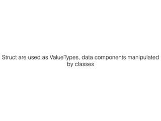 Struct are used as ValueTypes, data components manipulated
by classes
 