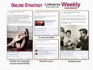 ONLINE STRATEGY             C. Editorial line
                              Facebook           Weekly
                                                  (exemples)




                        A song we liked




Article on corporate    Random post                 Infotainment
social responsibility
 