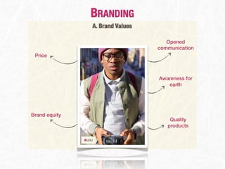 BRANDING
               A. Brand Values

                                    Opened
                                 communication
 Price



                                 Awareness for
                                    earth




Brand equity
                                     Quality
                                    products
 