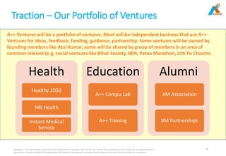 Traction – Our Portfolio of Ventures
Disclaimer: The information contained in this document is intended only for the use during this presentation and should not be disseminated or
distributed to parties outside this presentation. No liability is whatsoever is accepted with respect to the use of this document or its contents
6
A++ Ventures will be a portfolio of ventures. Most will be independent business that use A++
Ventures for ideas, feedback, funding, guidance, partnership. Some ventures will be owned by
founding members like Atul Kumar, some will be shared by group of members in an area of
common interest (e.g. social ventures like Bihar Society, BEN, Patna Marathon, Litti Pe Charcha
Health
Healthy 2050
NRI Health
Instant Medical
Service
Education
A++ Compu Lab
A++ Training
Alumni
IIM Association
IIM Partnerships
 