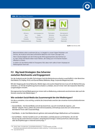 105
Abb. 32: Open Brand Prinzipien
Quelle: Kelly Mooney 2008
Bekannte Marken sehen zunehmend alt aus, im Vergleich zu neuen hippen Produkten und
Services, die Ausdruck eines latent artikulierten Bedürfnis nach neuen Lösungen sind.
Wenn Glaubwürdigkeit nach der Einlösung des Wirkungsversprechens das höchste Gut
ist, dann wissen die Macher dieser neuen Marken, den Dialog auch mit kritischen Nutzern
öffentlich zu führen.
Je stärker sich das Marktumfeld mit Transparenz füllt, desto mehr sollte ich beim Striptease ein
Kleidungsstück voran sein.
F.3	 Big-Seed-Strategien: Das Scharnier
zwischen Reichweite und Engagement
Vor der Ausbreitung der SoLoMo-Technologien fand die Markenkommunikation ausschließlich in den Bereichen
Paid Media (TV, Display, Print) und Owned Media (Websites, Blogs, Corporate-Magazines) statt.
Mit dem Siegeszug der Social Networks, Mobile Apps und Location Based Services muss sich die Markenführung
verändern, um Teil der Empfehlungs-Kommunikation zu bleiben, die sich immer mehr den klassischen Beeinflus-
sungsstrategien entzieht.
Die sogenannten Earned Media gewinnen immer mehr an Bedeutung, andererseits verschwimmen aber auch die
Grenzen zwischen den Medientypen.118
Wie verändert Social Media das Zusammenspiel der drei Medientypen?
Um das zu verstehen, ist es wichtig, zunächst die Unterschiede zwischen den einzelnen Kommunikationsformen
zu kennen:
»» Owned Media – Als Owned Media wird all das bezeichnet, was sich innerhalb der eigenen „vier
Wände“ abspielt. Hierzu zählen die Unternehmenswebsites, Onlineshops sowie die vom Unternehmen
betriebenen Foren oder Corporate Blogs.
»» Paid Media – In den Paid-Media-Bereich gehören alle kostenpflichtigen Maßnahmen auf Fremdseiten.
»» Earned Media – Hierbei handelt es sich um Aktivitäten und Diskussionen auf Drittseiten, die sich der
Steuerung des Unternehmens entziehen, beispielsweise Einträge in Verbraucherforen, Bewertungen
oder die Empfehlungen in Internet-Communitys.119
118	 Patrick Vater, Gründerszene, Social-Media-Marketing 1: Funktionsweise und Ziele:
http://www.gruenderszene.de/marketing/social-media-marketing-1-funktionsweise-und-ziele
119	 Vgl. [Steimel 2012]
INHALT
 