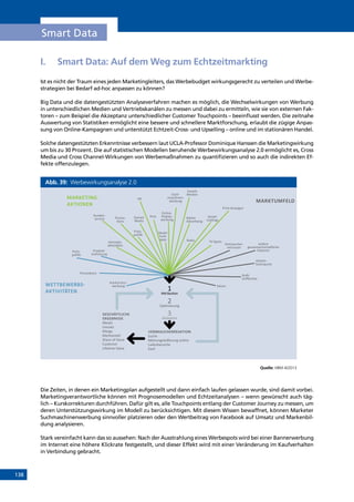 138
Smart Data
I.	 Smart Data: Auf dem Weg zum Echtzeitmarkting
Ist es nicht der Traum eines jeden Marketingleiters, das Werbebudget wirkungsgerecht zu verteilen und Werbe-
strategien bei Bedarf ad-hoc anpassen zu können?
Big Data und die datengestützten Analyseverfahren machen es möglich, die Wechselwirkungen von Werbung
in unterschiedlichen Medien und Vertriebskanälen zu messen und dabei zu ermitteln, wie sie von externen Fak-
toren – zum Beispiel die Akzeptanz unterschiedlicher Customer Touchpoints – beeinflusst werden. Die zeitnahe
Auswertung von Statistiken ermöglicht eine bessere und schnellere Marktforschung, erlaubt die zügige Anpas-
sung von Online-Kampagnen und unterstützt Echtzeit-Cross- und Upselling – online und im stationären Handel.
Solche datengestützten Erkenntnisse verbessern laut UCLA-Professor Dominique Hanssen die Marketingwirkung
um bis zu 30 Prozent. Die auf statistischen Modellen beruhende Werbewirkungsanalyse 2.0 ermöglicht es, Cross
Media und Cross Channel-Wirkungen von Werbemaßnahmen zu quantifizieren und so auch die indirekten Ef-
fekte offenzulegen.
Abb. 39: Werbewirkungsanalyse 2.0
Quelle: HBM 4/2013
Die Zeiten, in denen ein Marketingplan aufgestellt und dann einfach laufen gelassen wurde, sind damit vorbei.
Marketingverantwortliche können mit Prognosemodellen und Echtzeitanalysen – wenn gewünscht auch täg-
lich – Kurskorrekturen durchführen. Dafür gilt es, alle Touchpoints entlang der Customer Journey zu messen, um
deren Unterstützungswirkung im Modell zu berücksichtigen. Mit diesem Wissen bewaffnet, können Marketer
Suchmaschinenwerbung sinnvoller platzieren oder den Wertbeitrag von Facebook auf Umsatz und Markenbil-
dung analysieren.
Stark vereinfacht kann das so aussehen: Nach der Ausstrahlung eines Werbespots wird bei einer Bannerwerbung
im Internet eine höhere Klickrate festgestellt, und dieser Effekt wird mit einer Veränderung im Kaufverhalten
in Verbindung gebracht.
INHALT
 