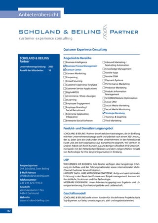 182
Anbieterübersicht
Ansprechpartner
Dirk Scholand, Sven Beiling
E-Mail-Adresse
info@scholand-beiling.com
Telefonnummer
+49 231 4257795-0
Anschrift:
Westfalendamm 172a
44141 Dortmund
Webseite
www.scholand-beiling.com
Produkt- und Dienstleistungsangebot
SCHOLAND  BEILING I Partner entwickelt Servicestrategien, die im Einklang
mit Ihrer Unternehmensstrategie steht und arbeitet nach einem 360° Ansatz,
der zu jeder Zeit die Endkunden Ihres Unternehmens in den Mittelpunkt
rückt und alle Serviceprozesse aus Kundensicht begreift. Wir denken in
unserer Arbeit von Ihrem Kunden aus und bringen schließlich Ihre Unterneh-
mensziele mit den Mitarbeiterinteressen und dem zielgerichteten Einsatz
von Technologie für Ihre Service Organisation in Einklang.
USP
WIR KENNEN IHR BUSINESS: Alle Berater verfügen über langjährige Erfah-
rung im Aufbau und der Führung nationaler sowie internationaler Multi-
Channel Customer Service Einheiten.
HÖCHSTE FACH- UND METHODENKOMPETENZ: Aufgrund weitreichender
Erfahrung in den Bereichen Prozess- und Projektmanagement, kennen wir
Ihre Abläufe, Strukturen und Ihre Technologie.
MESSBARE ERGEBNISSE: Unser Arbeiten ist geprägt von Ergebnis- und Lö-
sungsorientierung, Durchsetzungsstärke und Leidenschaft.
Geschäftsmodell
SCHOLAND  BEILING stellt seinen Kunden für die definierte Projektlaufzeit
Top-Experten zur Seite; umsetzungsstark, ziel- und ergebnisorientiert.
Abgedeckte BereicheSCHOLAND  BEILING
Partner
Unternehmensgründung:	2007
Anzahl der Mitarbeiter: 	 10
	Business Intelligence
	Business Process Management
	Contact Center
	Content Marketing
	Couponing
	Crowd Sourcing
	Customer Experience Analytics
	Customer Service Applications
	Digital@POS
	eCommerce / Shop-Lösungen
	eLearning
	Employee Engagement
	Employer Branding /
Social Recruitment
	Enterprise Application
Integration
	Enterprise Social Software
	Inbound Marketing /
Marketing Automation
	Knowledge Management
	Mobile Apps
	Mobile CRM
	Payment-Systeme
	Performance Marketing
	Predictive Marketing
	Produkt Information
Management
	SEO/SMO/Website Optimisation
	Social CRM
	Social Media Marketing
	Social Media Monitoring
	Strategie Beratung
	Training  Coaching
	Viral Marketing
Customer Experience Consulting
INHALT
 