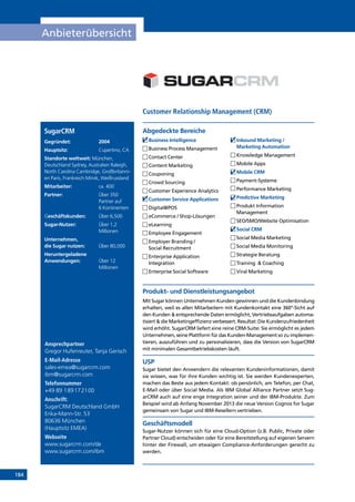 184
Anbieterübersicht
Ansprechpartner
Gregor Hufenreuter, Tanja Gerisch
E-Mail-Adresse
sales-emea@sugarcrm.com
ibm@sugarcrm.com
Telefonnummer
+49 89 189172100
Anschrift:
SugarCRM Deutschland GmbH
Erika-Mann-Str. 53
80636 München
(Hauptsitz EMEA)
Webseite
www.sugarcrm.com/de
www.sugarcrm.com/ibm
Produkt- und Dienstleistungsangebot
Mit Sugar können Unternehmen Kunden gewinnen und die Kundenbindung
erhalten, weil es allen Mitarbeitern mit Kundenkontakt eine 360°-Sicht auf
den Kunden  entsprechende Daten ermöglicht, Vertriebsaufgaben automa-
tisiert  die Marketingeffizienz verbessert. Resultat: Die Kundenzufriedenheit
wird erhöht. SugarCRM liefert eine reine CRM-Suite: Sie ermöglicht es jedem
Unternehmen, seine Plattform für das Kunden-Management so zu implemen-
tieren, auszuführen und zu personalisieren, dass die Version von SugarCRM
mit minimalen Gesamtbetriebskosten läuft.
USP
Sugar bietet den Anwendern die relevanten Kundeninformationen, damit
sie wissen, was für ihre Kunden wichtig ist. Sie werden Kundenexperten,
machen das Beste aus jedem Kontakt: ob persönlich, am Telefon, per Chat,
E-Mail oder über Social Media. Als IBM Global Alliance Partner setzt Sug-
arCRM auch auf eine enge Integration seiner und der IBM-Produkte. Zum
Beispiel wird ab Anfang November 2013 die neue Version Cognos for Sugar
gemeinsam von Sugar und IBM-Resellern vertrieben.
Geschäftsmodell
Sugar-Nutzer können sich für eine Cloud-Option (z.B. Public, Private oder
Partner Cloud) entscheiden oder für eine Bereitstellung auf eigenen Servern
hinter der Firewall, um etwaigen Compliance-Anforderungen gerecht zu
werden.
Abgedeckte BereicheSugarCRM
Gegründet:	2004
Hauptsitz: 	 Cupertino, CA
Standorte weltweit: München,
Deutschland Sydney, Australien Raleigh,
North Carolina Cambridge, Großbritanni-
en Paris, Frankreich Minsk, Weißrussland
Mitarbeiter:	 ca. 400
Partner: 	Über 350
Partner auf
6 Kontinenten
Geschäftskunden: 	 Über 6,500
Sugar-Nutzer:	 Über 1,2
	Millionen
Unternehmen,
die Sugar nutzen: 	 Über 80,000
Heruntergeladene
Anwendungen: 	 Über 12
	Millionen
	Business Intelligence
	Business Process Management
	Contact Center
	Content Marketing
	Couponing
	Crowd Sourcing
	Customer Experience Analytics
	Customer Service Applications
	Digital@POS
	eCommerce / Shop-Lösungen
	eLearning
	Employee Engagement
	Employer Branding /
Social Recruitment
	Enterprise Application
Integration
	Enterprise Social Software
	Inbound Marketing /
Marketing Automation
	Knowledge Management
	Mobile Apps
	Mobile CRM
	Payment-Systeme
	Performance Marketing
	Predictive Marketing
	Produkt Information
Management
	SEO/SMO/Website Optimisation
	Social CRM
	Social Media Marketing
	Social Media Monitoring
	Strategie Beratung
	Training  Coaching
	Viral Marketing
Customer Relationship Management (CRM)
INHALT
 