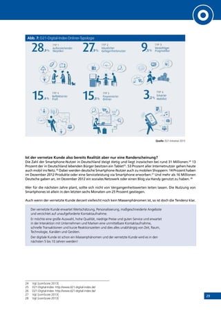 29
Abb. 7: D21-Digital-Index Onliner-Typologie
Quelle: D21-Initiative 2013
Ist der vernetze Kunde also bereits Realität aber nur eine Randerscheinung?
Die Zahl der Smartphone-Nutzer in Deutschland steigt stetig und liegt inzwischen bei rund 31 Millionen.24
13
Prozent der in Deutschland lebenden Bürger besitzen ein Tablet25
. 53 Prozent aller Internetnutzer gehen heute
auch mobil ins Netz.26
Dabei werden deutsche Smartphone-Nutzer auch zu mobilen Shoppern: 14 Prozent haben
im Dezember 2012 Produkte oder eine Serviceleistung via Smartphone erworben.27
Und mehr als 16 Millionen
Deutsche gaben an, im Dezember 2012 ein soziales Netzwerk oder einen Blog via Handy genutzt zu haben.28
Wer für die nächsten Jahre plant, sollte sich nicht von Vergangenheitswerten leiten lassen. Die Nutzung von
Smartphones ist allein in den letzten sechs Monaten um 25 Prozent gestiegen.
Auch wenn der vernetzte Kunde derzeit vielleicht noch kein Massenphänomen ist, so ist doch die Tendenz klar.
Der vernetzte Kunde erwartet Wertschätzung, Personalisierung, maßgeschneiderte ­Angebote
und verzichtet auf unaufgeforderte Kontaktaufnahme.
Er möchte eine große Auswahl, hohe Qualität, niedrige Preise und guten Service und ­erwartet
in der Interaktion mit Unternehmen und Marken eine unmittelbare Kontaktauf­nahme,
schnelle Transaktionen und kurze Reaktionszeiten und dies alles unabhängig von Zeit, Raum,
Technologie, Kanälen und Geräten.
Der digitale Kunde ist schon ein Massenphänomen und der vernetzte Kunde wird es in den
nächsten 5 bis 10 Jahren werden!
24	 Vgl. [comScore 2013]
25	 D21-Digital-Index: http://www.d21-digital-index.de/
26	 D21-Digital-Index: http://www.d21-digital-index.de/
27	 Vgl. [comScore 2013]
28	 Vgl. [comScore 2013]
INHALT
 