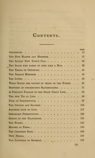 Contents.
PAOX
Childhood. . • 11
The New Master and Mistress 17
The Slates' New Year's Day 25
The Slave who dared to feel like a Man 28
The Trials of Girlhood 44
The Jealous Mistress 49
The Loyer 58
What Slaves are taught to think of the North. . . 67
Sketches of neighboring Slaveholders 71
A Perilous Passage in the Slave Girl's Life 82
The new Tie to Life 90
Pear of L^surrection 97
The Church and Slavery 105
Another Link to Life 117
Continued Persecutions * 122
Scenes at the Plantation 131
The Flight 145
Months of Peril 150
The Children Sold 160
New Perils 167
The Loophoie of Retreat. . . .^ 173
(9)
 