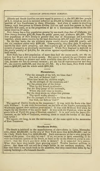 AMERICAN ANTI-SLAVERY ALMANAC.
Illinois and South Carolina are now equal in power—i. e. the 267,360 free people
of S. C. weigh as mush in national influence as 475,852 in Illinois—about in the pro-
portion of two Carolinians to three Illinoians. And when it comes to receiving
money, each free person in Illinois divides 18.8 cts. and each free person in South
Carolina 32.6 cents, or in the proportion of $1 to a Carolinian as often as the Illi-
noian receives 57 cents.
New Jersey has a free population greater by one-tenth than that of Alabama, yet
New Jersey receives $70,130, from the public purse, and Alabama $91,996. The
free population of New Jersey is greater than that of Mississippi and Louisiana
together, which states receive by the land distribution $28,167 more than N. Jersey.
On the free basis, the six northern states would receive $460,366 yearly, and
the six southern states only $299,165. Consequently, they first gain 12 represen-
tatives for their slave property, and then a yearly gift of $115,980, for being the
owners of property so peculiarly meritorious ! While New England is mulcted in
the yearly penalty of $40,224, for the crime against republicanism of refusing to
hold slaves.
New- York has a free population of more than half the entire south, yet she re-
ceives but 38 per cent as much money. Her power to uphold the government and
defend the country is greater and more available than that of the whole slave sec-
tion, because she has no internal enemies ;
yet she has 40 representatives and they
97; she receives $456,636, and they $1,181,702. By a free basis, New-York would
receive $500,357, and the whole south $991,206.
Mountains.
" For the strength of the hill, we bless thee I
Our God, or fathers' God !
Thou hast made thy children might,
By the strength of the mountain sod !
For the strong pine of the forest
That by thy breath is stirred
—
For the deep gorge of the mountain,
Where thy still voice is heard
—
For the deep storm on whose free pinions
Thy spirit walks abroad
—
For the strength of the hills we bless thee
!
Our God, our fathers' God !"
The spirit of liberty dwells in the mountains ! It was with the Scots who bled
with Wallace ! It was with Switzerland, on the hills of the Vandis, sustaining the
Waldenses against their ruthless persecutors ! It was with William Tell when he
fought for the freedom of his native land ! It was with the Tyrohse, when on the
green hills of Tyrol the gong of freedom sounded ! It is now with the brave Cir-
cassians, on the hills of Caucasus, assisting them to crush the hordes of the Rus-
sian tyrant !
We expect, ere long, to see the movements of the same spirit in the mountains
of East Tennessee.
Southern Debts.
The South is indebted to the manufacturers of slave-shoes in Lynn, Massachu-
setts, about $3,000,000 ; to the city of New York more than $100,000,000 ; and to
the whole North from 3 to $500,000,000. Such statements we have seen going the
rounds of the press. Can they be true ? If so, we seem to have something to do
with the domestic system of the South, at least so far as the Northern purse is con-
cerned. Can the South pay their debts in money? It is conceded they cannot.
What then have they beside their growing crops ? Twelve hundred millions in
slaves. But these will not sell for a single dollar in our northern markets. We
fear that there is too much truth in the assertion, that they cancel their debts by be-
coming bankrupt.
—
Portsmouth Gazette.
 