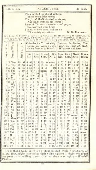 bill Mumh AUGUST, 1843. 31 days.
Then swelled the choral anthem,
Those sunny isfes among !
The free'd MAN shouted in his joy,
And sonijs were on his tongue !
Sonss of Thanksgiving—bursts of prayer,
On every hill were heard ;
The vales were vocal, and the air
With melody was stirred. W. H. Burleigh.
NFvt-YoRK.-lsf Quarter, -Jd Gh 31m eve ;
Fall Moon, lOd llh 5Sm eve ; 3d quarter, 18d Ih
.")4ni rnoriiins; ;
Xrir Moon, 25d 91i 39in morning. Boston.-ls< (Quarter, 'id 6h 43m eve ;
Full Moon, lOd Oh 10m mor ;
3d qr ISA ill 6m mor ;
New Moon, •iHA 9h 51m mor.
_r^
 