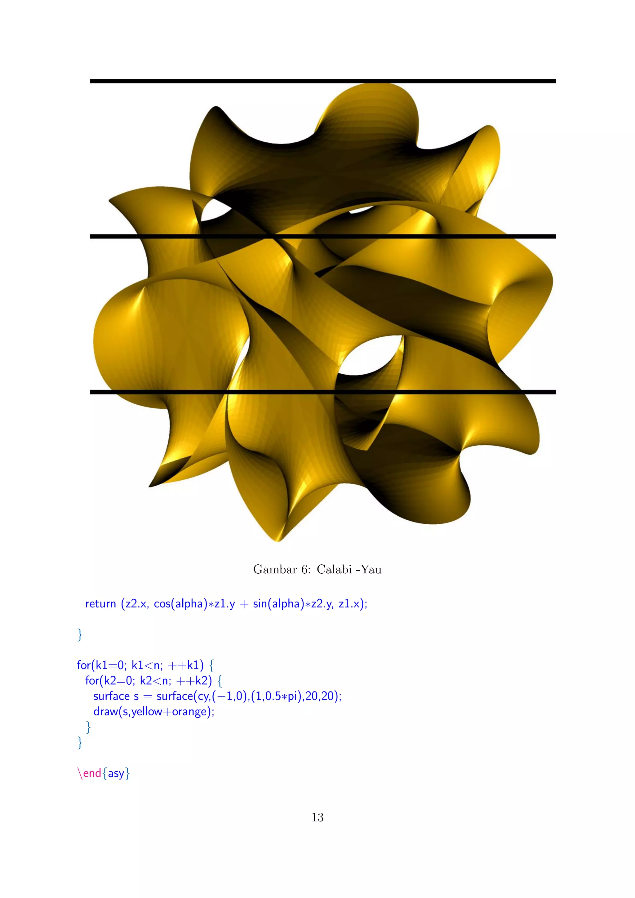 Gambar 6: Calabi -Yau
return (z2.x, cos(alpha)∗z1.y + sin(alpha)∗z2.y, z1.x);
}
for(k1=0; k1<n; ++k1) {
for(k2=0; k2<n; ++k2) {
surface s = surface(cy,(−1,0),(1,0.5∗pi),20,20);
draw(s,yellow+orange);
}
}
end{asy}
13
 