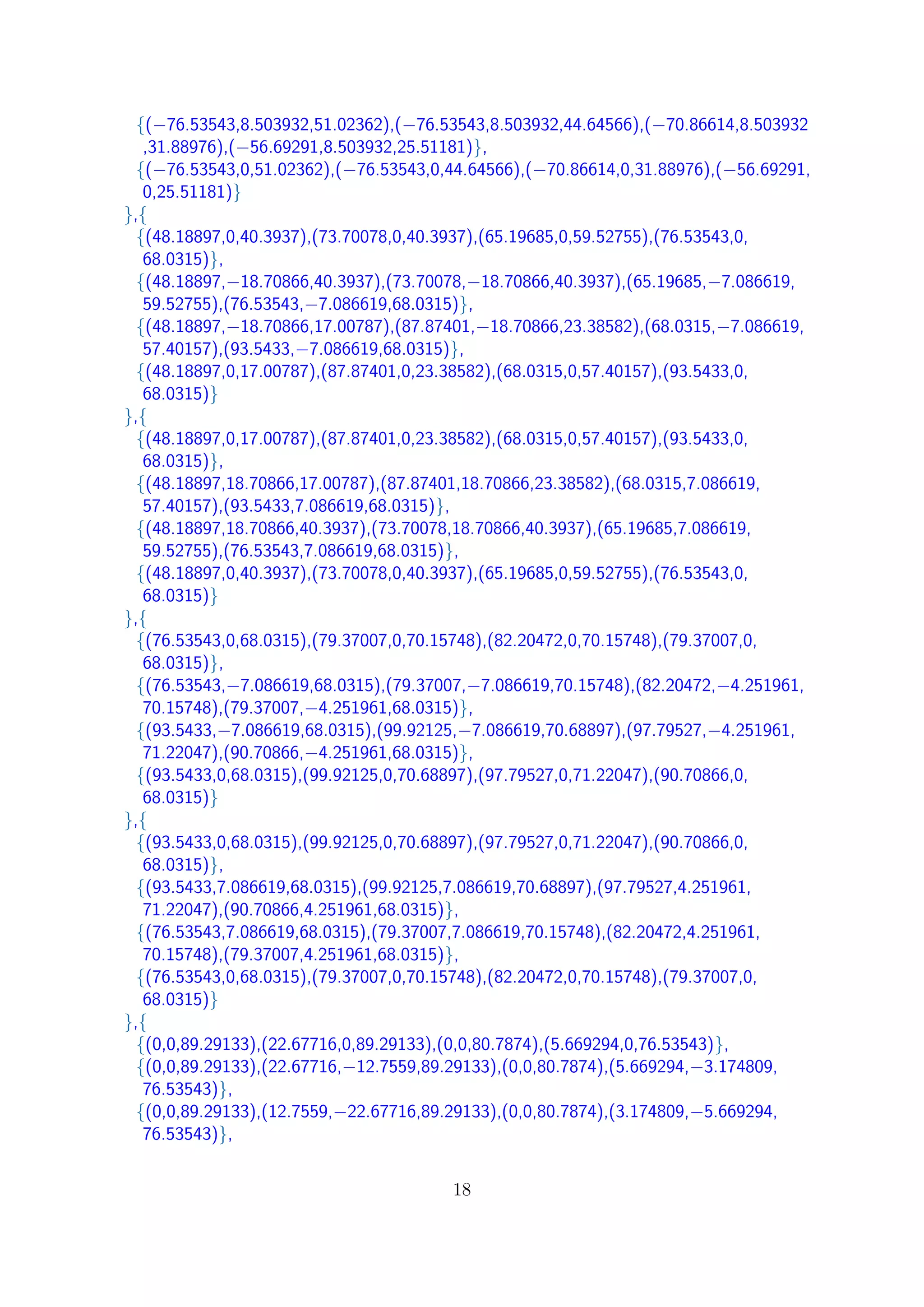 {(−76.53543,8.503932,51.02362),(−76.53543,8.503932,44.64566),(−70.86614,8.503932
,31.88976),(−56.69291,8.503932,25.51181)},
{(−76.53543,0,51.02362),(−76.53543,0,44.64566),(−70.86614,0,31.88976),(−56.69291,
0,25.51181)}
},{
{(48.18897,0,40.3937),(73.70078,0,40.3937),(65.19685,0,59.52755),(76.53543,0,
68.0315)},
{(48.18897,−18.70866,40.3937),(73.70078,−18.70866,40.3937),(65.19685,−7.086619,
59.52755),(76.53543,−7.086619,68.0315)},
{(48.18897,−18.70866,17.00787),(87.87401,−18.70866,23.38582),(68.0315,−7.086619,
57.40157),(93.5433,−7.086619,68.0315)},
{(48.18897,0,17.00787),(87.87401,0,23.38582),(68.0315,0,57.40157),(93.5433,0,
68.0315)}
},{
{(48.18897,0,17.00787),(87.87401,0,23.38582),(68.0315,0,57.40157),(93.5433,0,
68.0315)},
{(48.18897,18.70866,17.00787),(87.87401,18.70866,23.38582),(68.0315,7.086619,
57.40157),(93.5433,7.086619,68.0315)},
{(48.18897,18.70866,40.3937),(73.70078,18.70866,40.3937),(65.19685,7.086619,
59.52755),(76.53543,7.086619,68.0315)},
{(48.18897,0,40.3937),(73.70078,0,40.3937),(65.19685,0,59.52755),(76.53543,0,
68.0315)}
},{
{(76.53543,0,68.0315),(79.37007,0,70.15748),(82.20472,0,70.15748),(79.37007,0,
68.0315)},
{(76.53543,−7.086619,68.0315),(79.37007,−7.086619,70.15748),(82.20472,−4.251961,
70.15748),(79.37007,−4.251961,68.0315)},
{(93.5433,−7.086619,68.0315),(99.92125,−7.086619,70.68897),(97.79527,−4.251961,
71.22047),(90.70866,−4.251961,68.0315)},
{(93.5433,0,68.0315),(99.92125,0,70.68897),(97.79527,0,71.22047),(90.70866,0,
68.0315)}
},{
{(93.5433,0,68.0315),(99.92125,0,70.68897),(97.79527,0,71.22047),(90.70866,0,
68.0315)},
{(93.5433,7.086619,68.0315),(99.92125,7.086619,70.68897),(97.79527,4.251961,
71.22047),(90.70866,4.251961,68.0315)},
{(76.53543,7.086619,68.0315),(79.37007,7.086619,70.15748),(82.20472,4.251961,
70.15748),(79.37007,4.251961,68.0315)},
{(76.53543,0,68.0315),(79.37007,0,70.15748),(82.20472,0,70.15748),(79.37007,0,
68.0315)}
},{
{(0,0,89.29133),(22.67716,0,89.29133),(0,0,80.7874),(5.669294,0,76.53543)},
{(0,0,89.29133),(22.67716,−12.7559,89.29133),(0,0,80.7874),(5.669294,−3.174809,
76.53543)},
{(0,0,89.29133),(12.7559,−22.67716,89.29133),(0,0,80.7874),(3.174809,−5.669294,
76.53543)},
18
 