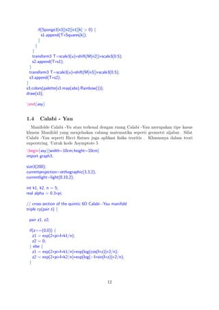 if(Sponge3[n3][n2][n1][k] > 0) {
s1.append(T∗Squares[k]);
}
}
}
transform3 T=scale3(u)∗shift(M[n2])∗scale3(0.5);
s2.append(T∗s1);
}
transform3 T=scale3(u)∗shift(M[n3])∗scale3(0.5);
s3.append(T∗s2);
}
s3.colors(palette(s3.map(abs),Rainbow()));
draw(s3);
end{asy}
1.4 Calabi - Yau
Manifolde Calabi -Yu atau terkenal dengan ruang Calabi -Yau merupakan tipe kasus
khusus Manifold yang menjelaskan cabang matematika seperti geometri aljabar. Sifat
Calabi -Yau seperti Ricci ﬂatnes juga aplikasi ﬁsika teoritis . Khususnya dalam teori
superstring. Untuk kode Asymptote 5
begin{asy}[width=10cm,height=10cm]
import graph3;
size3(200);
currentprojection=orthographic(3,3,2);
currentlight=light(8,10,2);
int k1, k2, n = 5;
real alpha = 0.3∗pi;
// cross section of the quintic 6D Calabi−Yau manifold
triple cy(pair z) {
pair z1, z2;
if(z==(0,0)) {
z1 = exp(2∗pi∗I∗k1/n);
z2 = 0;
} else {
z1 = exp(2∗pi∗I∗k1/n)∗exp(log(cos(I∗z))∗2/n);
z2 = exp(2∗pi∗I∗k2/n)∗exp(log(−I∗sin(I∗z))∗2/n);
}
12
 