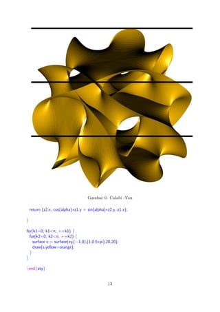 Gambar 6: Calabi -Yau
return (z2.x, cos(alpha)∗z1.y + sin(alpha)∗z2.y, z1.x);
}
for(k1=0; k1<n; ++k1) {
for(k2=0; k2<n; ++k2) {
surface s = surface(cy,(−1,0),(1,0.5∗pi),20,20);
draw(s,yellow+orange);
}
}
end{asy}
13
 