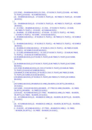 {(22.22362,−39.68504,68.0315),(21.2315,−37.91339,71.75197),(22.8189,−40.74803,
71.75197),(23.81102,−42.51969,68.0315)},
{(0,−39.68504,68.0315),(0,−37.91339,71.75197),(0,−40.74803,71.75197),(0,−42.51969
,68.0315)}
},{
{(0,−39.68504,68.0315),(0,−37.91339,71.75197),(0,−40.74803,71.75197),(0,−42.51969
,68.0315)},
{(−22.22362,−39.68504,68.0315),(−21.2315,−37.91339,71.75197),(−22.8189,
−40.74803,71.75197),(−23.81102,−42.51969,68.0315)},
{(−39.68504,−22.22362,68.0315),(−37.91339,−21.2315,71.75197),(−40.74803,
−22.8189,71.75197),(−42.51969,−23.81102,68.0315)},
{(−39.68504,0,68.0315),(−37.91339,0,71.75197),(−40.74803,0,71.75197),(−42.51969,0
,68.0315)}
},{
{(−39.68504,0,68.0315),(−37.91339,0,71.75197),(−40.74803,0,71.75197),(−42.51969,0
,68.0315)},
{(−39.68504,22.22362,68.0315),(−37.91339,21.2315,71.75197),(−40.74803,22.8189,
71.75197),(−42.51969,23.81102,68.0315)},
{(−22.22362,39.68504,68.0315),(−21.2315,37.91339,71.75197),(−22.8189,40.74803,
71.75197),(−23.81102,42.51969,68.0315)},
{(0,39.68504,68.0315),(0,37.91339,71.75197),(0,40.74803,71.75197),(0,42.51969,
68.0315)}
},{
{(0,39.68504,68.0315),(0,37.91339,71.75197),(0,40.74803,71.75197),(0,42.51969,
68.0315)},
{(22.22362,39.68504,68.0315),(21.2315,37.91339,71.75197),(22.8189,40.74803,
71.75197),(23.81102,42.51969,68.0315)},
{(39.68504,22.22362,68.0315),(37.91339,21.2315,71.75197),(40.74803,22.8189,
71.75197),(42.51969,23.81102,68.0315)},
{(39.68504,0,68.0315),(37.91339,0,71.75197),(40.74803,0,71.75197),(42.51969,0,
68.0315)}
},{
{(42.51969,0,68.0315),(49.60629,0,53.1496),(56.69291,0,38.26771),(56.69291,0,
25.51181)},
{(42.51969,−23.81102,68.0315),(49.60629,−27.77952,53.1496),(56.69291,−31.74803,
38.26771),(56.69291,−31.74803,25.51181)},
{(23.81102,−42.51969,68.0315),(27.77952,−49.60629,53.1496),(31.74803,−56.69291,
38.26771),(31.74803,−56.69291,25.51181)},
{(0,−42.51969,68.0315),(0,−49.60629,53.1496),(0,−56.69291,38.26771),(0,−56.69291,
25.51181)}
},{
{(0,−42.51969,68.0315),(0,−49.60629,53.1496),(0,−56.69291,38.26771),(0,−56.69291,
25.51181)},
{(−23.81102,−42.51969,68.0315),(−27.77952,−49.60629,53.1496),(−31.74803,
−56.69291,38.26771),(−31.74803,−56.69291,25.51181)},
15
 