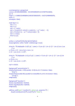 currentprojection=perspective(
camera=(25.0851928432063,−30.3337528952473,19.3728775115443),
up=Z,
target=(−0.590622314050054,0.692357205025578,−0.627122488455679),
zoom=1,
autoadjust=false);
triple f(pair t) {
real u=t.x;
real v=t.y;
real r=2−cos(u);
real x=3∗cos(u)∗(1+sin(u))+r∗cos(v)∗(u < pi ? cos(u) : −1);
real y=8∗sin(u)+(u < pi ? r∗sin(u)∗cos(v) : 0);
real z=r∗sin(v);
return (x,y,z);
}
surface s=surface(f,(0,0),(2pi,2pi),8,8,Spline);
draw(s,lightolive+white,”bottle”,render(merge=true));
string lo=”$displaystyle uin[0,pi]: cases{x=3cos u(1+sin u)+(2−cos u)cos ucos
v,cr
y=8sin u+(2−cos u)sin ucos v,cr
z=(2−cos u)sin v.cr}$”;
string hi=”$displaystyle uin[pi,2pi]:cases{x=3cos u(1+sin u)−(2−cos u)cos
v,cr
y=8sin u,cr
z=(2−cos u)sin v.cr}$”;
real h=0.0125;
begingroup3(”parametrization”);
draw(surface(xscale(−0.38)∗yscale(−0.18)∗lo,s,0,1.7,h,bottom=false),
”[0,pi]”);
draw(surface(xscale(0.26)∗yscale(0.1)∗rotate(90)∗hi,s,4.9,1.4,h,bottom=false),
”[pi,2pi]”);
endgroup3();
begingroup3(”boundary”);
draw(s.uequals(0),blue+dashed);
draw(s.uequals(pi),blue+dashed);
endgroup3();
add(new void(frame f, transform3 t, picture pic, projection P) {
draw(f,invert(box(min(f,P),max(f,P)),P),”frame”);
8
 
