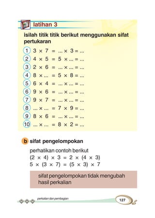 perkaliandanpembagian
127
latihan 3
isilah titik titik berikut menggunakan sifat
pertukaran
1 3 × 7 = ... × 3 = ...
2 4 × 5 = 5 × ... = ...
3 2 × 6 = ... × ... = ...
4 8 × ... = 5 × 8 = ...
5 6 × 4 = ... × ... = ...
6 9 × 6 = ... × ... = ...
7 9 × 7 = ... × ... = ...
8 ... × ... = 7 × 9 = ...
9 8 × 6 = ... × ... = ...
10 ... × ... = 8 × 2 = ...
b sifat pengelompokan
perhatikan contoh berikut
(2 × 4) × 3 = 2 × (4 × 3)
5 × (3 × 7) = (5 × 3) × 7
sifat pengelompokan tidak mengubah
hasil perkalian
 