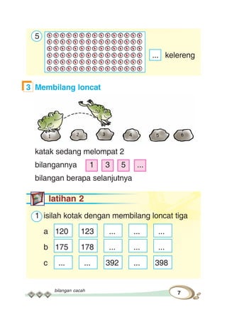 bilangan cacah
7
5
... kelereng
3 Membilang loncat
katak sedang melompat 2
bilangannya 1 3 5 ...
bilangan berapa selanjutnya
latihan 2
1 isilah kotak dengan membilang loncat tiga
a 120 123 ... ... ...
b 175 178 ... ... ...
c ... ... 392 ... 398
 