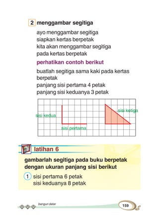 bangun datar
159
2 menggambar segitiga
ayo menggambar segitiga
siapkan kertas berpetak
kita akan menggambar segitiga
pada kertas berpetak
perhatikan contoh berikut
buatlah segitiga sama kaki pada kertas
berpetak
panjang sisi pertama 4 petak
panjang sisi keduanya 3 petak
latihan 6
gambarlah segitiga pada buku berpetak
dengan ukuran panjang sisi berikut
1 sisi pertama 6 petak
sisi keduanya 8 petak
sisi kedua
sisi pertama
sisi ketiga
 