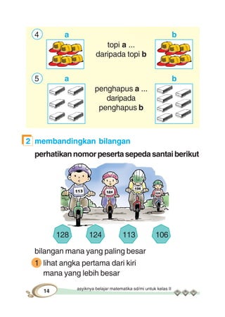 asyiknya belajar matematika sd/mi untuk kelas II
14
4 a b
topi a ...
daripada topi b
5 a b
penghapus a ...
daripada
penghapus b
2 membandingkan bilangan
perhatikannomorpesertasepedasantaiberikut
bilangan mana yang paling besar
1 lihat angka pertama dari kiri
mana yang lebih besar
128 124 113 106
 