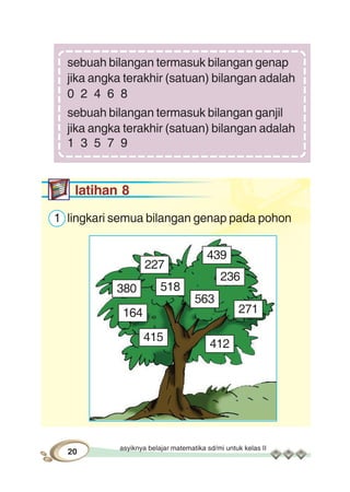 asyiknya belajar matematika sd/mi untuk kelas II
20
sebuah bilangan termasuk bilangan genap
jika angka terakhir (satuan) bilangan adalah
0 2 4 6 8
sebuah bilangan termasuk bilangan ganjil
jika angka terakhir (satuan) bilangan adalah
1 3 5 7 9
latihan 8
1 lingkari semua bilangan genap pada pohon
380
164
227
236
439
271
412
563
415
518
 