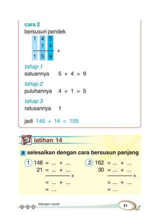 bilangan cacah
31
cara 2
bersusun pendek
1 4 5
1 4
––––––– +
1 5 9
tahap 1
satuannya 5 + 4 = 9
tahap 2
puluhannya 4 + 1 = 5
tahap 3
ratusannya 1
jadi 145 + 14 = 159
latihan 14
a selesaikan dengan cara bersusun panjang
1 148 = ... + ... 2 162 = ... + ...
21 = ... + ... 30 = ... + ...
–––––––– + –––––––– +
= ... + ... = ... + ...
= ... = ...
 