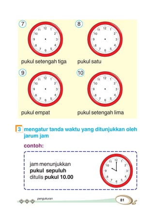 pengukuran
81
7 8
pukul setengah tiga pukul satu
9 10
pukul empat pukul setengah lima
3 mengatur tanda waktu yang ditunjukkan oleh
jarum jam
contoh:
jam menunjukkan
pukul sepuluh
ditulis pukul 10.00
 