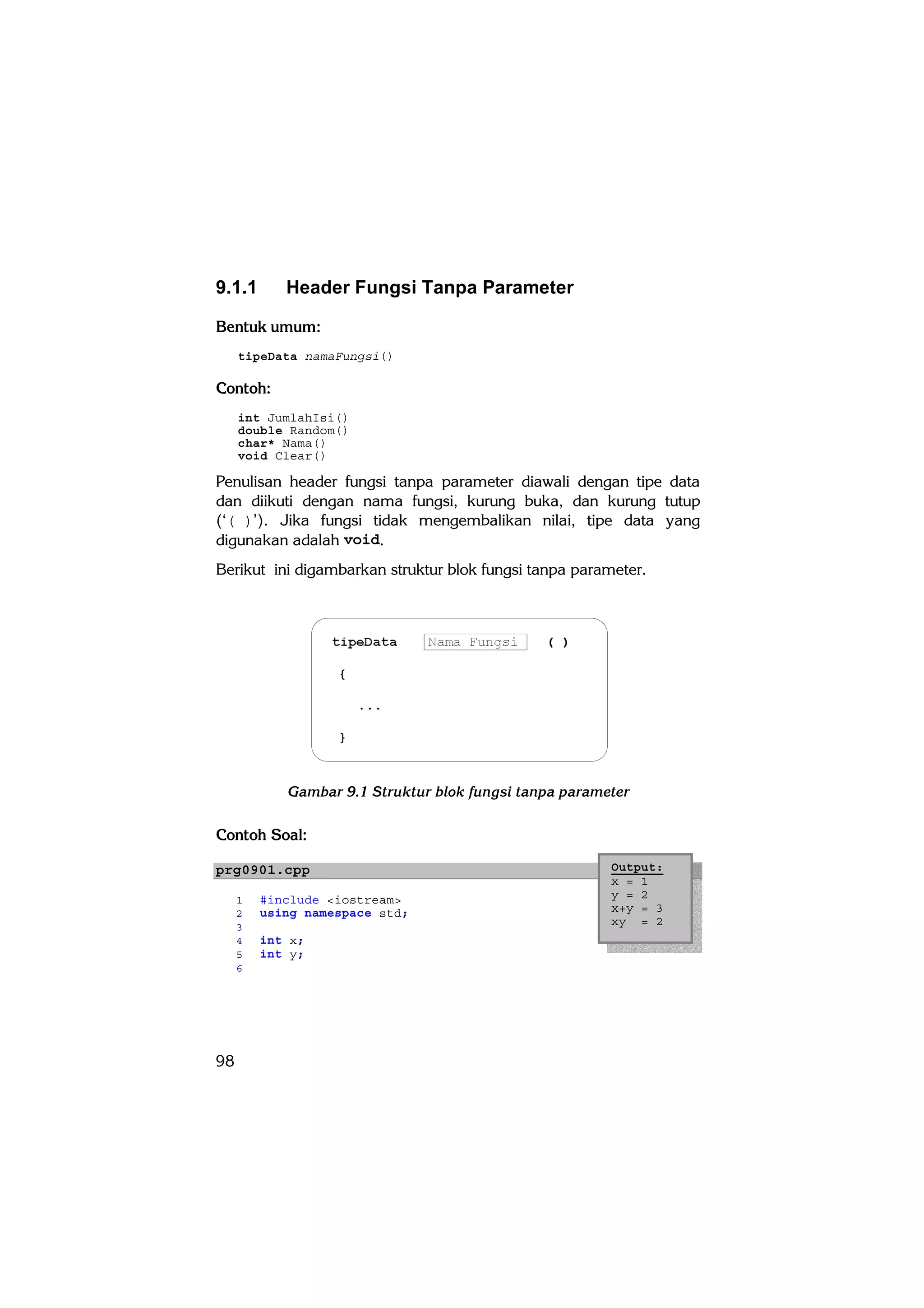 9.1.1       Header Fungsi Tanpa Parameter

Bentuk umum:
     tipeData namaFungsi()

Contoh:
     int JumlahIsi()
     double Random()
     char* Nama()
     void Clear()

Penulisan header fungsi tanpa parameter diawali dengan tipe data
dan diikuti dengan nama fungsi, kurung buka, dan kurung tutup
(‘( )’). Jika fungsi tidak mengembalikan nilai, tipe data yang
digunakan adalah void.
Berikut ini digambarkan struktur blok fungsi tanpa parameter.




            Gambar 9.1 Struktur blok fungsi tanpa parameter


Contoh Soal:

prg0901.cpp                                             Output:
                                                        x = 1
     1   #include <iostream>                            y = 2
     2   using namespace std;                           x+y = 3
     3
                                                        xy = 2
     4   int x;
     5   int y;
     6




98
 