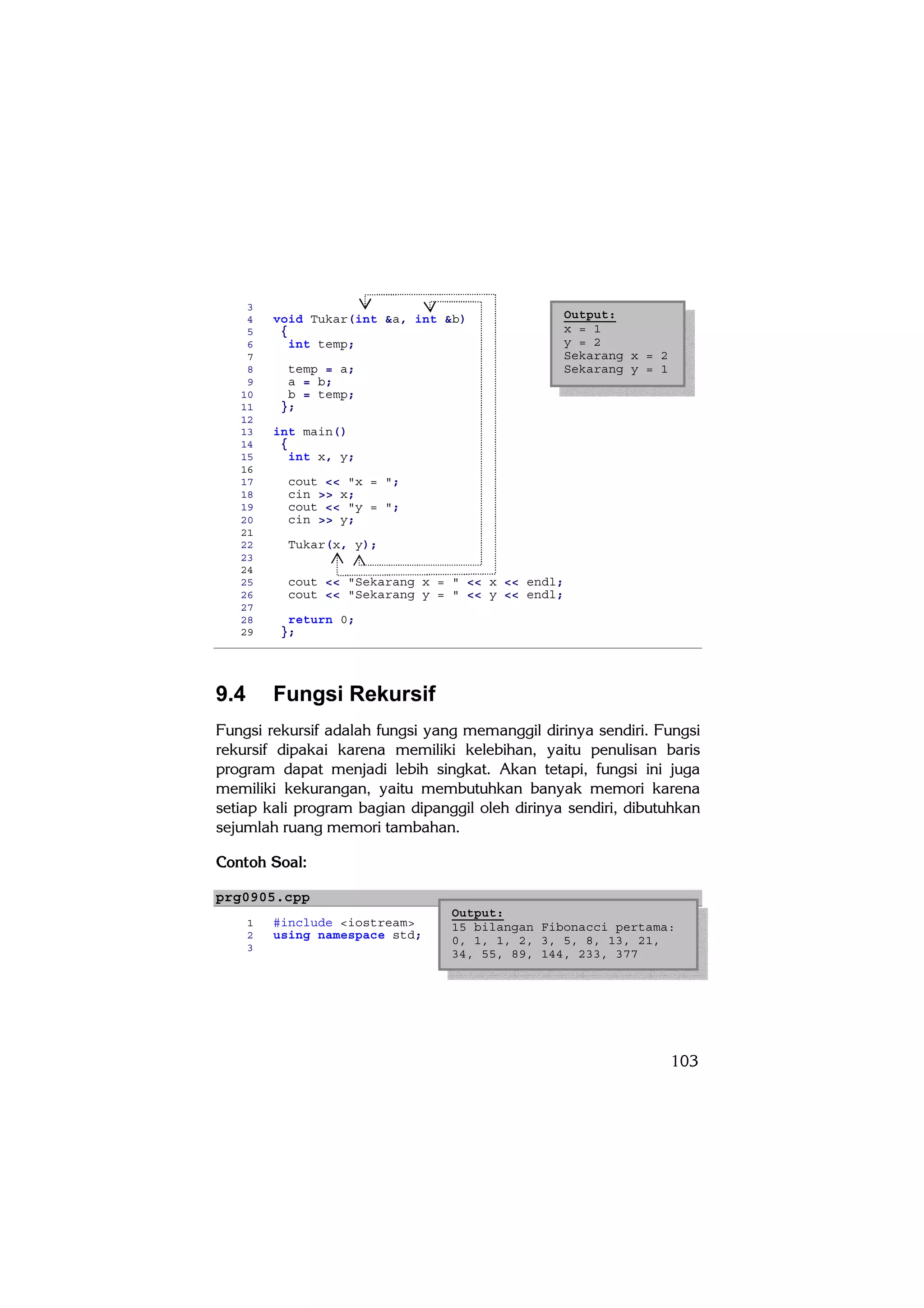 3
    4     void Tukar(int &a, int &b)                Output:
    5      {                                        x = 1
    6        int temp;                              y = 2
    7                                               Sekarang x = 2
    8       temp = a;                               Sekarang y = 1
    9       a = b;
   10       b = temp;
   11      };
   12
   13     int main()
   14      {
   15        int x, y;
   16
   17       cout << "x = ";
   18       cin >> x;
   19       cout << "y = ";
   20       cin >> y;
   21
   22       Tukar(x, y);
   23
   24
   25       cout << "Sekarang x = " << x << endl;
   26       cout << "Sekarang y = " << y << endl;
   27
   28       return 0;
   29      };




9.4       Fungsi Rekursif
Fungsi rekursif adalah fungsi yang memanggil dirinya sendiri. Fungsi
rekursif dipakai karena memiliki kelebihan, yaitu penulisan baris
program dapat menjadi lebih singkat. Akan tetapi, fungsi ini juga
memiliki kekurangan, yaitu membutuhkan banyak memori karena
setiap kali program bagian dipanggil oleh dirinya sendiri, dibutuhkan
sejumlah ruang memori tambahan.

Contoh Soal:

prg0905.cpp
                                 Output:
      1   #include <iostream>    15 bilangan Fibonacci pertama:
      2   using namespace std;   0, 1, 1, 2, 3, 5, 8, 13, 21,
      3
                                 34, 55, 89, 144, 233, 377




                                                                     103
 