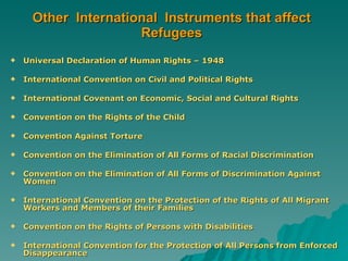 Other  International  Instruments that affect Refugees Universal Declaration of Human Rights – 1948 International Convention on Civil and Political Rights International Covenant on Economic, Social and Cultural Rights Convention on the Rights of the Child Convention Against Torture Convention on the Elimination of All Forms of Racial Discrimination Convention on the Elimination of All Forms of Discrimination Against Women International Convention on the Protection of the Rights of All Migrant Workers and Members of their Families Convention on the Rights of Persons with Disabilities International Convention for the Protection of All Persons from Enforced Disappearance 