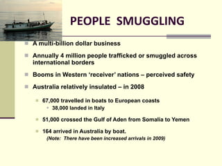 PEOPLE  SMUGGLING A multi-billion dollar business Annually 4 million people trafficked or smuggled across international borders Booms in Western ‘receiver’ nations – perceived safety Australia relatively insulated – in 2008 67,000 travelled in boats to European coasts 38,000 landed in Italy 51,000 crossed the Gulf of Aden from Somalia to Yemen 164 arrived in Australia by boat. (Note:  There have been increased arrivals in 2009) 