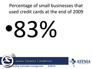 Percentage of small businesses that used credit cards at the end of 2009 
•83% 
9/18/13 
Understanding receivables management 
9  