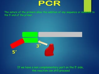 The nature of the primers allow the addition of any sequence or molecule to
the 5’ end of the primer.
If we have a non complementary part on the 5’ side,
the reaction can still proceed
 