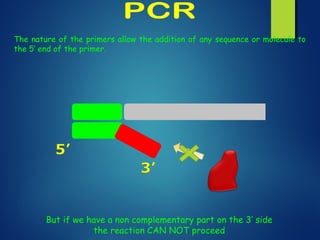 The nature of the primers allow the addition of any sequence or molecule to
the 5’ end of the primer.
But if we have a non complementary part on the 3’ side
the reaction CAN NOT proceed
 
