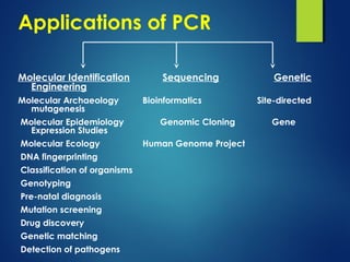 Applications of PCR
Molecular Identification Sequencing Genetic
Engineering
Molecular Archaeology Bioinformatics Site-directed
mutagenesis
Molecular Epidemiology Genomic Cloning Gene
Expression Studies
Molecular Ecology Human Genome Project
DNA fingerprinting
Classification of organisms
Genotyping
Pre-natal diagnosis
Mutation screening
Drug discovery
Genetic matching
Detection of pathogens
 