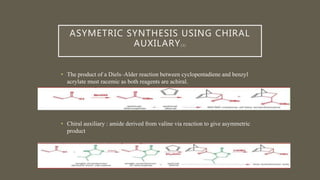 ASYMETRIC SYNTHESIS USING CHIRAL
AUXILARY[ 2 ]
• The product of a Diels–Alder reaction between cyclopentadiene and benzyl
acrylate must racemic as both reagents are achiral.
• Chiral auxiliary : amide derived from valine via reaction to give asymmetric
product
 