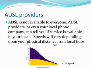 ADSL providersADSL is not available to everyone. ADSL providers, or even your local phone company, can tell you if service is available in your locale. Speeds will vary depending upon your physical distance from local hubs.ADSL speed