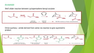 Diel’s Alder reaction between cyclopentadiene benzyl acrylate
Chiral auxiliary : amide derived from valine via reaction to give asymmetric
product
An example
 