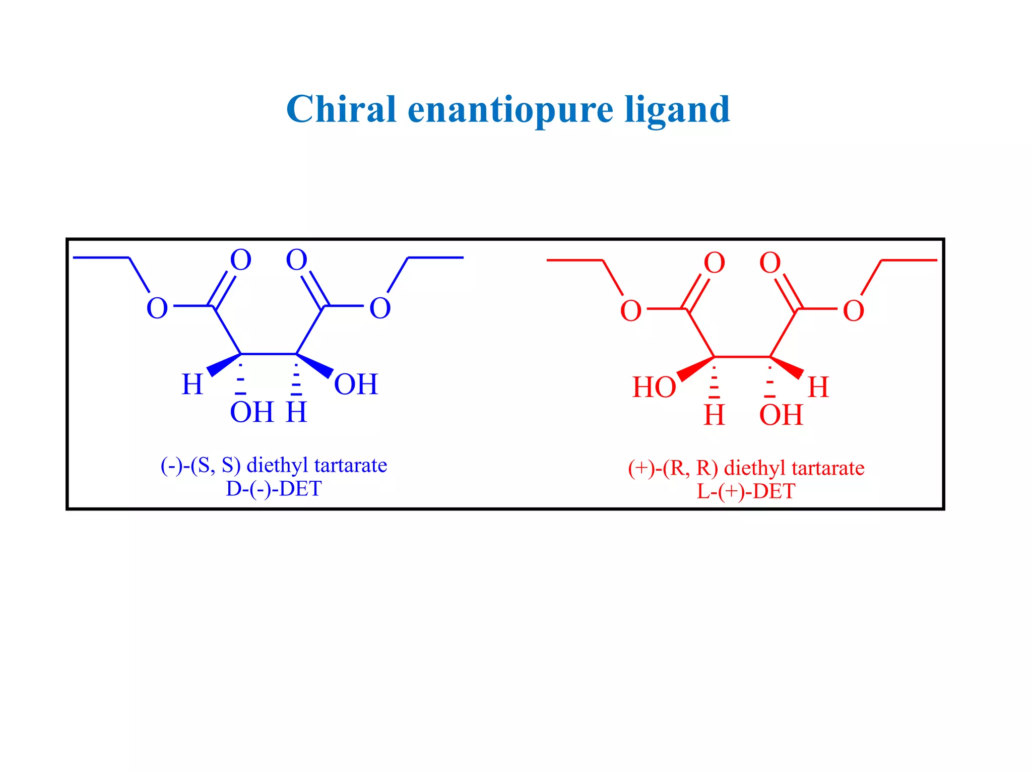Chiral enantiopure ligand
O
O
O
O
OH H
H OH
(-)-(S, S) diethyl tartarate
D-(-)-DET
O
O
O
O
H OH
HO H
(+)-(R, R) diethyl tartarate
L-(+)-DET
 