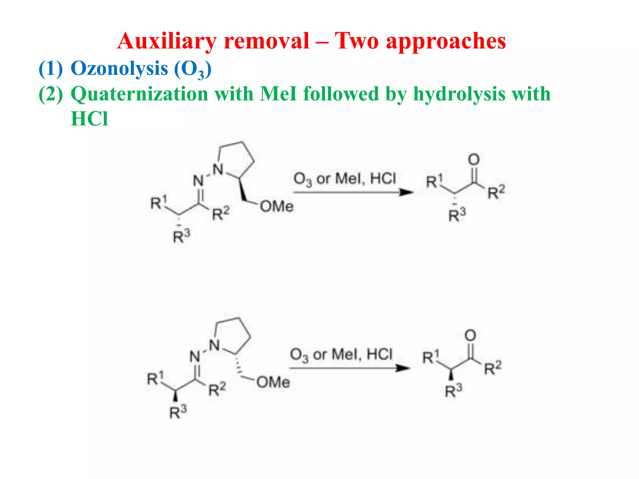 Auxiliary removal – Two approaches
(1) Ozonolysis (O3)
(2) Quaternization with MeI followed by hydrolysis with
HCl
 