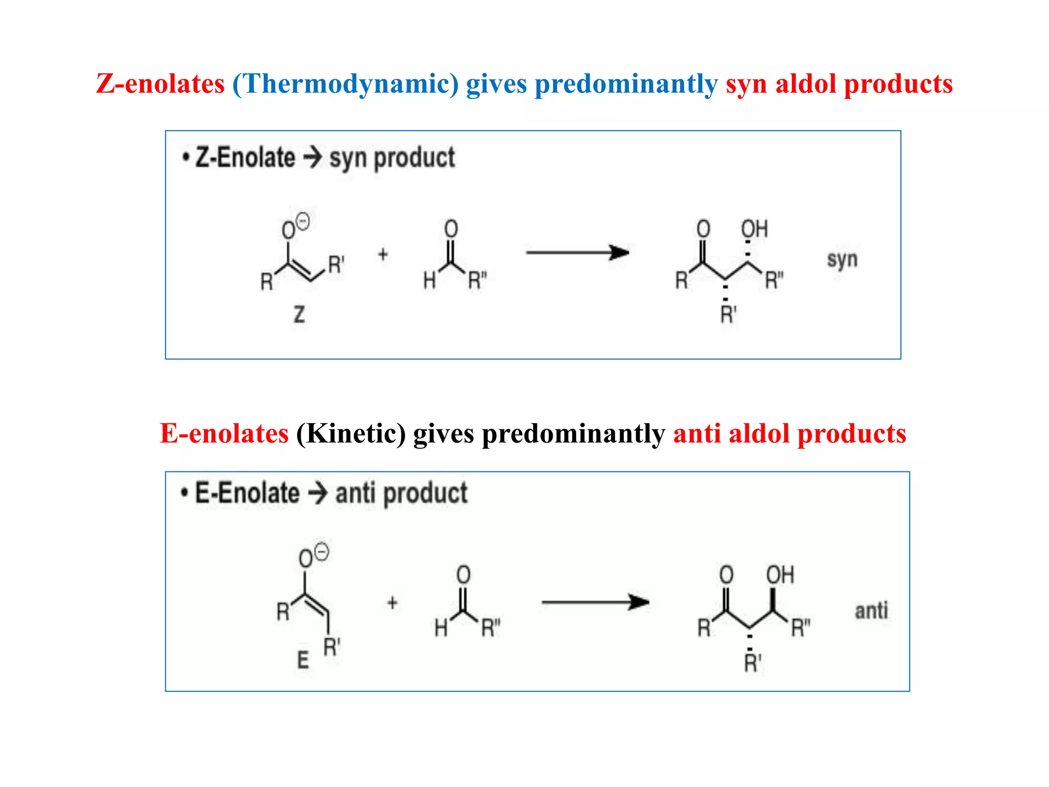 Z-enolates (Thermodynamic) gives predominantly syn aldol products
E-enolates (Kinetic) gives predominantly anti aldol products
 
