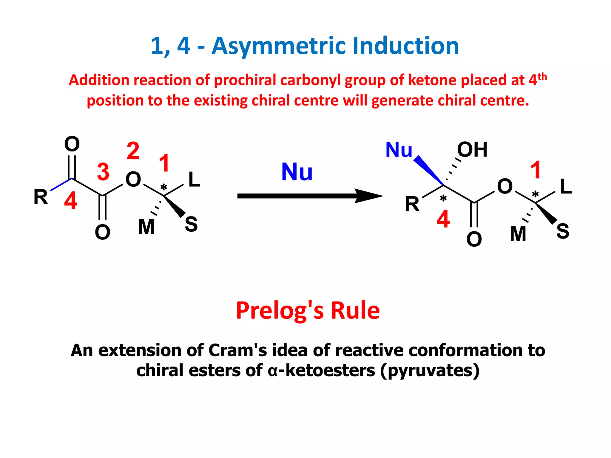 1, 4 - Asymmetric Induction
Addition reaction of prochiral carbonyl group of ketone placed at 4th
position to the existing chiral centre will generate chiral centre.
Prelog's Rule
An extension of Cram's idea of reactive conformation to
chiral esters of α-ketoesters (pyruvates)
R
O 
O
O
L
M S
1
2
3
4
Nu
R 
O 
OH
O
L
M S
1
4
Nu
 