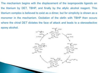 The mechanism begins with the displacement of the isopropoxide ligands on
the titanium by DET, TBHP, and finally by the allylic alcohol reagent. This
titanium complex is believed to exist as a dimer, but for simplicity is shown as a
monomer in the mechanism. Oxidation of the olefin with TBHP then occurs
where the chiral DET dictates the face of attack and leads to a steroselective
epoxy alcohol.
 